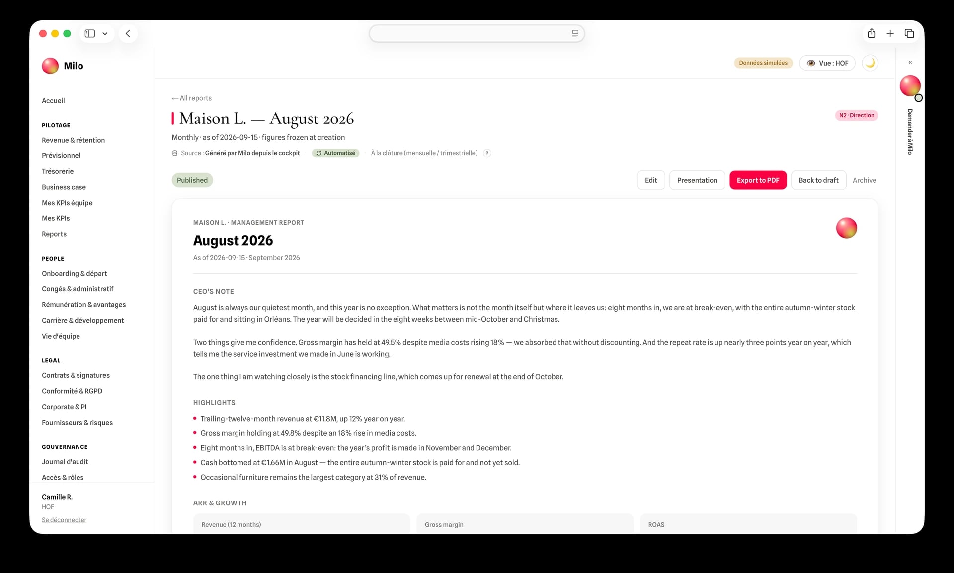 Un report mensuel de direction dans Milo : titre du mois, note du dirigeant en trois paragraphes, puis une liste de faits marquants chiffrés, avec les boutons d'export en PDF en haut.